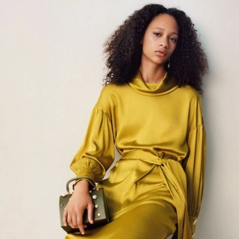 ✨ ZARA Mustard Gold Satin Belted Mini Dress ✨